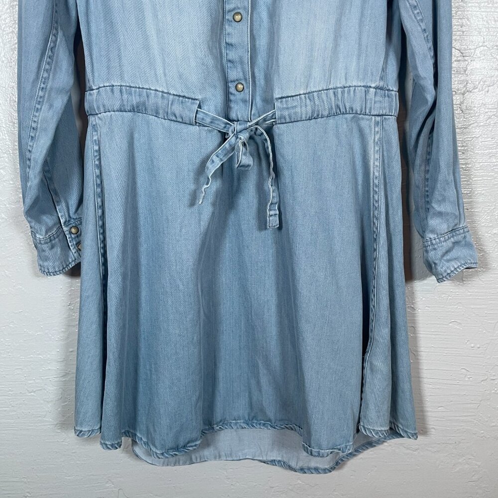 All Saints Women 2 Blue Denim Chambray Calla Bay Shirt Dress Snaps Tie Waist - Picture 2 of 8